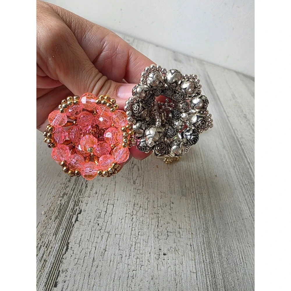 Vintage beaded Bell ornament pink blue green gold Xmas tree set